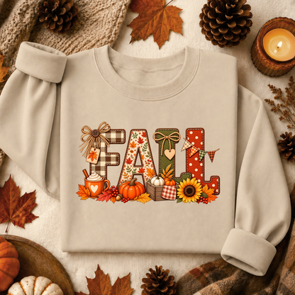 A light beige long-sleeve sweatshirt laid flat with rolled cuffs, featuring a colorful autumn-themed 'FALL' graphic with pumpkins, sunflowers, plaid, and leaves. The sweatshirt is styled in a cozy flat lay with pinecones, fall leaves, a candle, and a knit scarf.