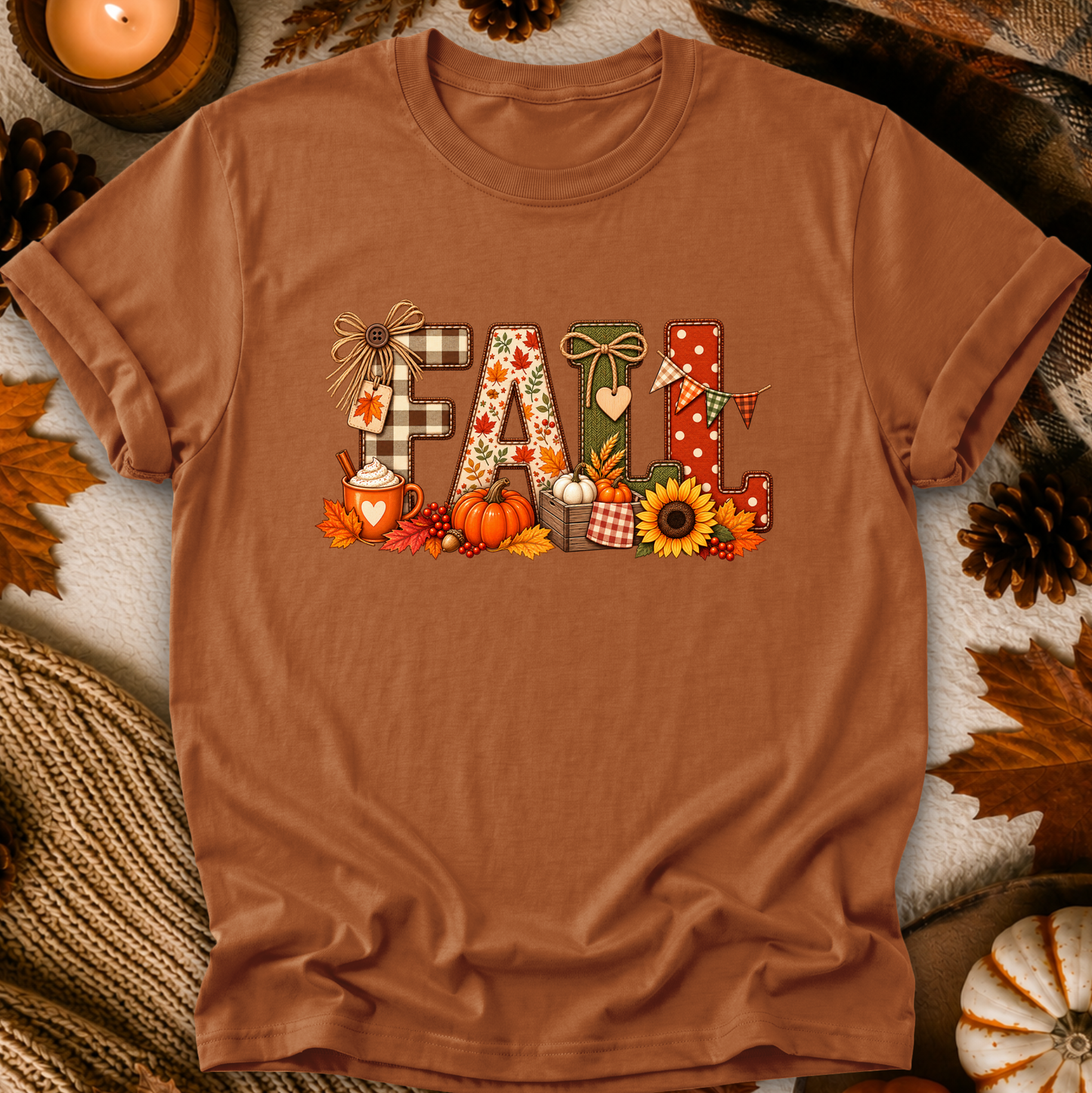 A rust-brown short-sleeve t-shirt laid flat with a decorative 'FALL' graphic made from plaid, polka dots, leaves, pumpkins, sunflowers, and autumn motifs. The shirt is styled with fall props including pinecones, leaves, a candle, and a knit blanket.