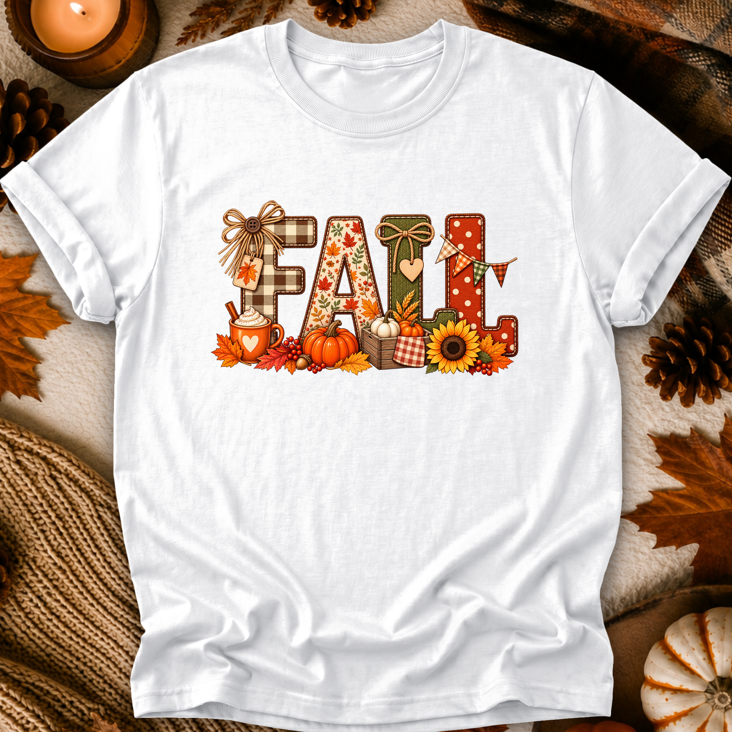 A white short-sleeve crewneck t-shirt with a 'FALL' graphic print featuring autumn-themed patterns and illustrations, laid flat on a cozy fall-themed background with pinecones, a candle, and leaves.