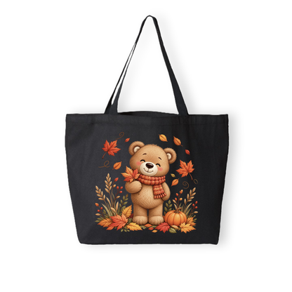 Fall Teddy Bear In Leaves Graphic Reusable Canvas Tote Bag