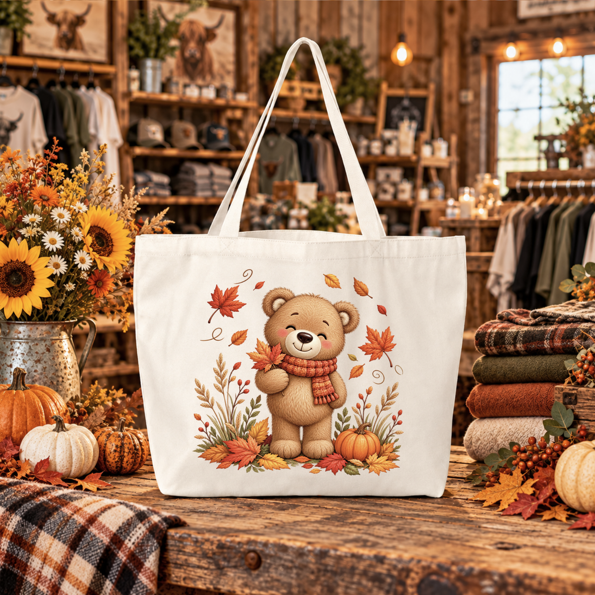 Fall Teddy Bear In Leaves Graphic Reusable Canvas Tote Bag