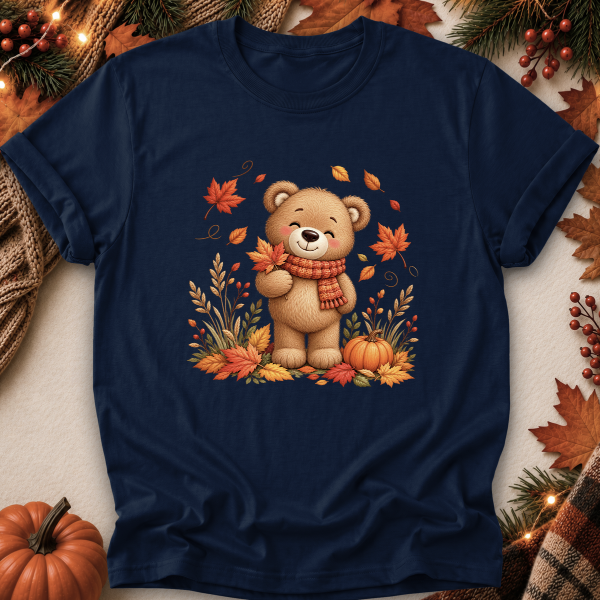 A navy blue short-sleeve t-shirt with a central graphic of a cute cartoon teddy bear wearing a red and orange striped scarf, surrounded by autumn leaves, pumpkins, and pine branches. The shirt is displayed in a flat-lay arrangement with seasonal props like a small pumpkin, pinecones, and string lights on a neutral background.