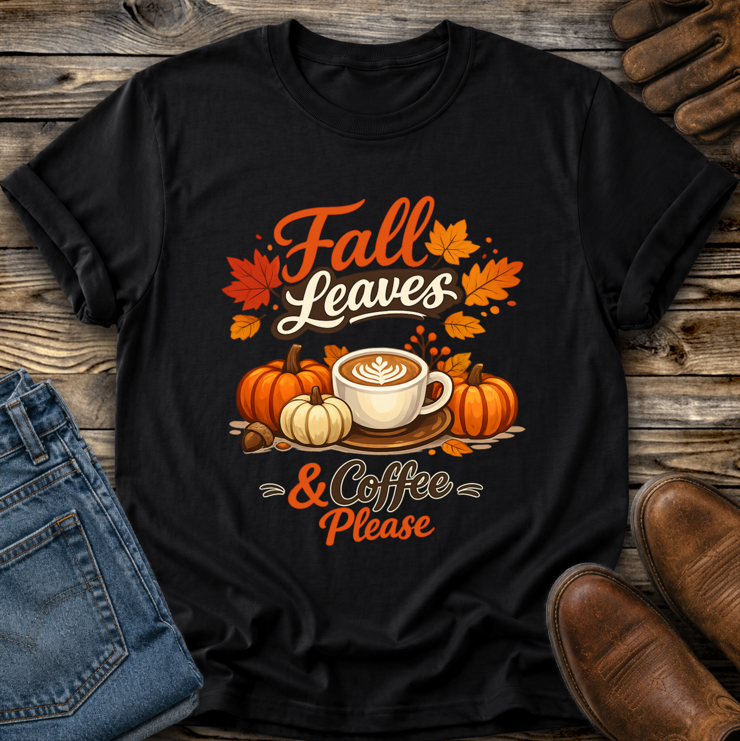 black tshirt with fall autumn pumpkin scene graphic design that says fall leaves and coffee please