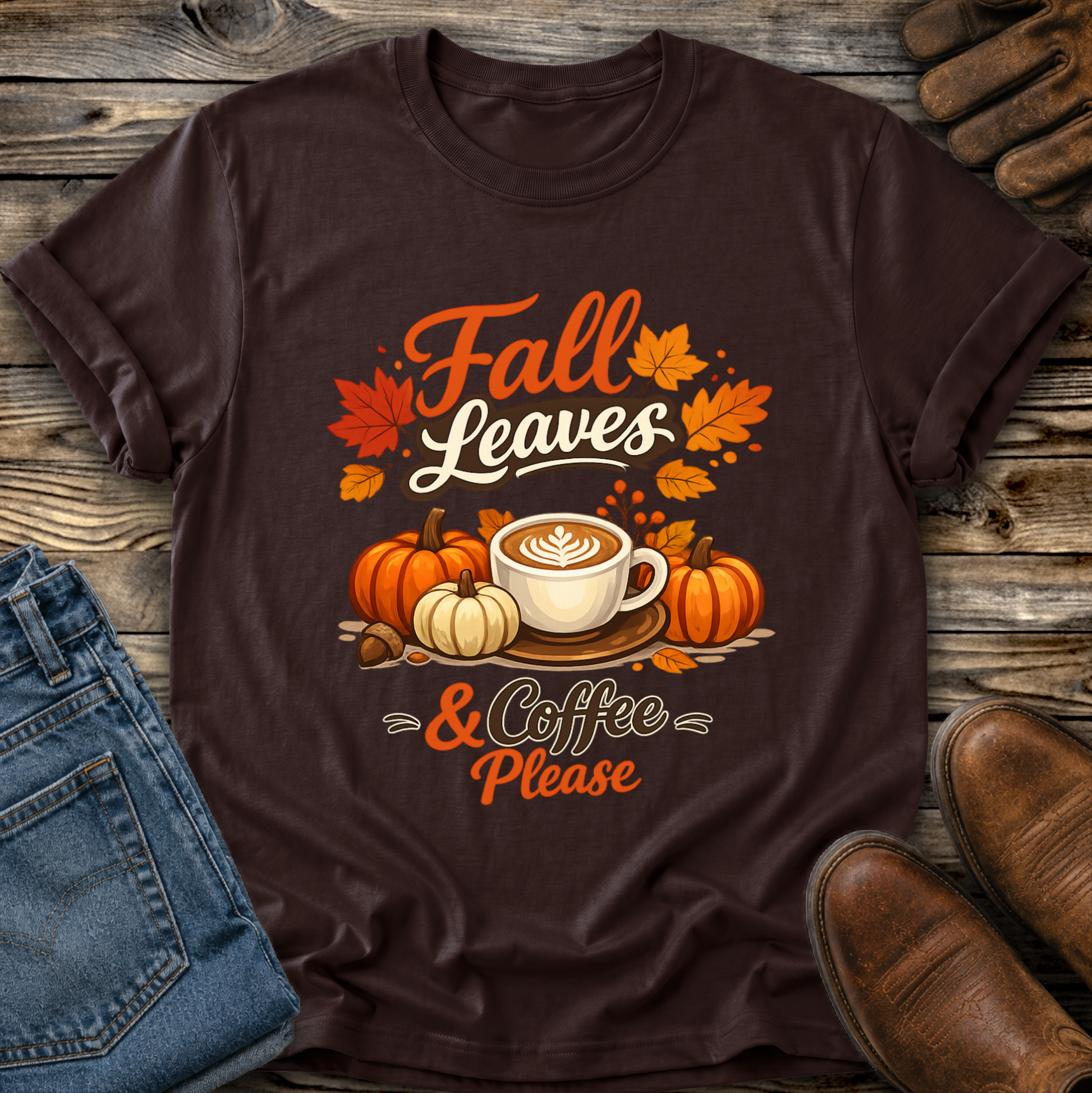 brown tshirt with fall autumn pumpkin scene graphic design that says fall leaves and coffee please