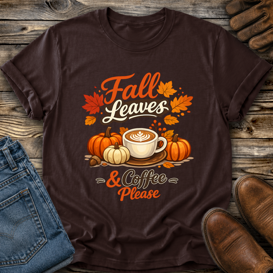 brown tshirt with fall autumn pumpkin scene graphic design that says fall leaves and coffee please