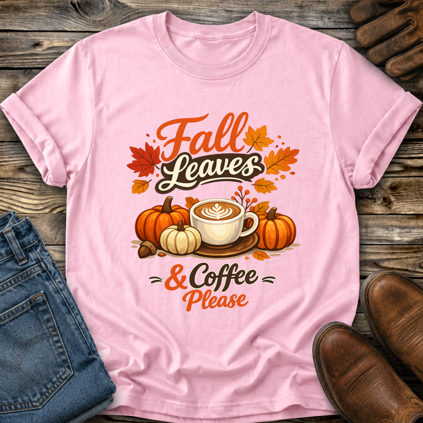 pink tshirt with fall autumn pumpkin scene graphic design that says fall leaves and coffee please