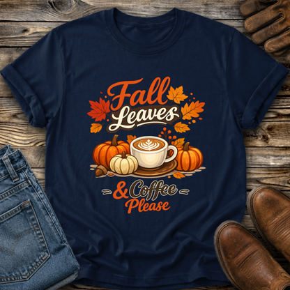 navy tshirt with fall autumn pumpkin scene graphic design that says fall leaves and coffee please