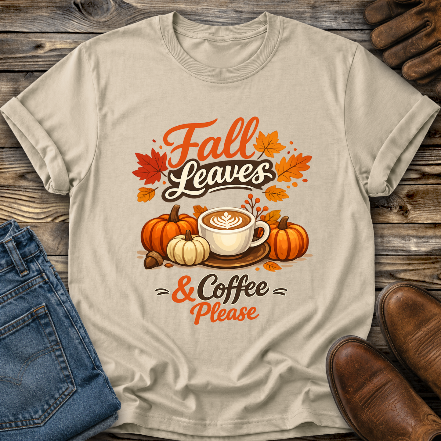 beige tshirt with fall autumn pumpkin scene graphic design that says fall leaves and coffee please