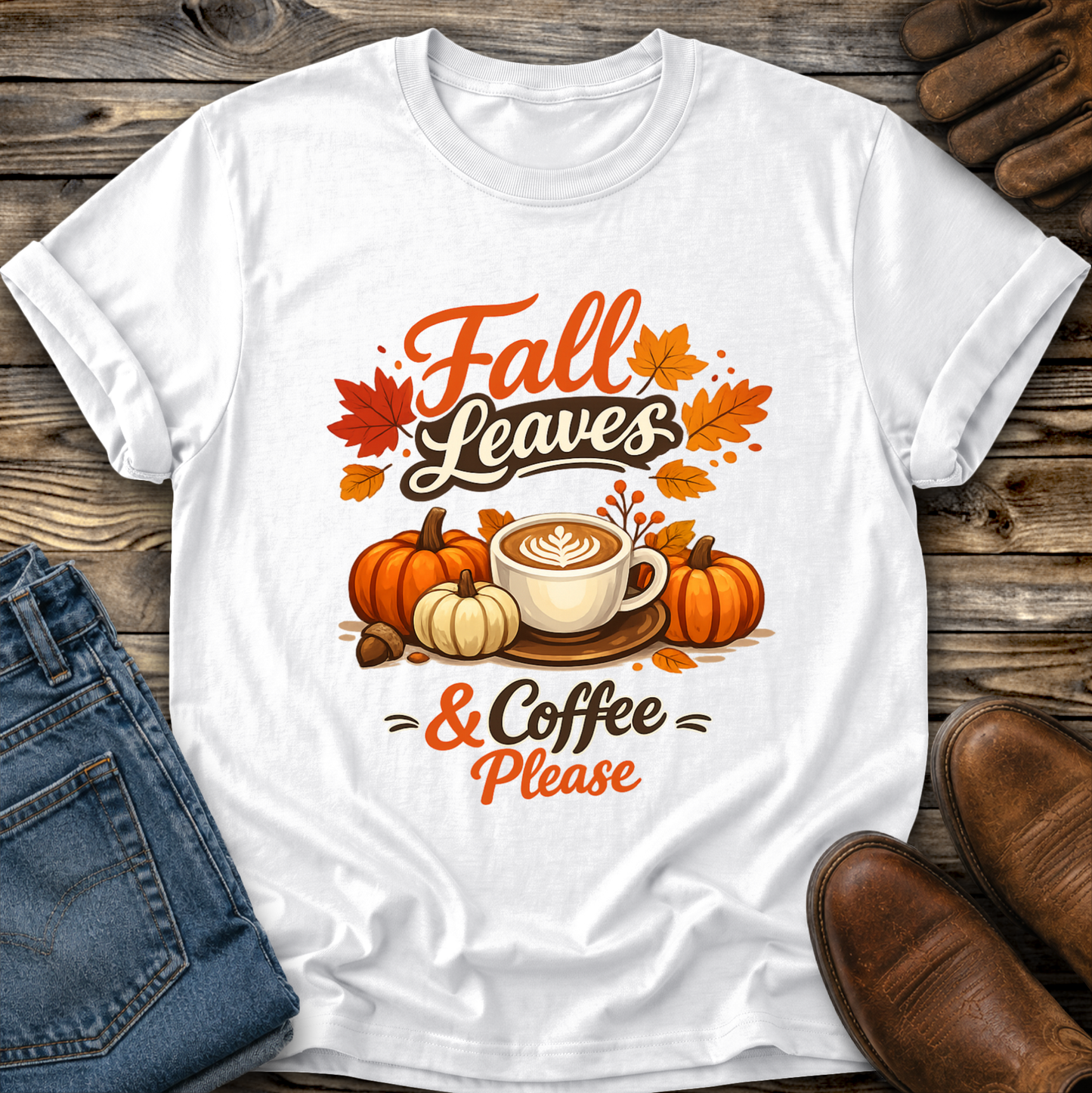 white tshirt with fall autumn pumpkin scene graphic design that says fall leaves and coffee please