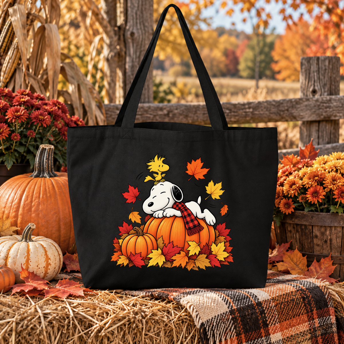 A black tote bag with a Snoopy and Woodstock autumn graphic, displayed on a hay bale in a fall-themed outdoor setting with pumpkins and flowers.