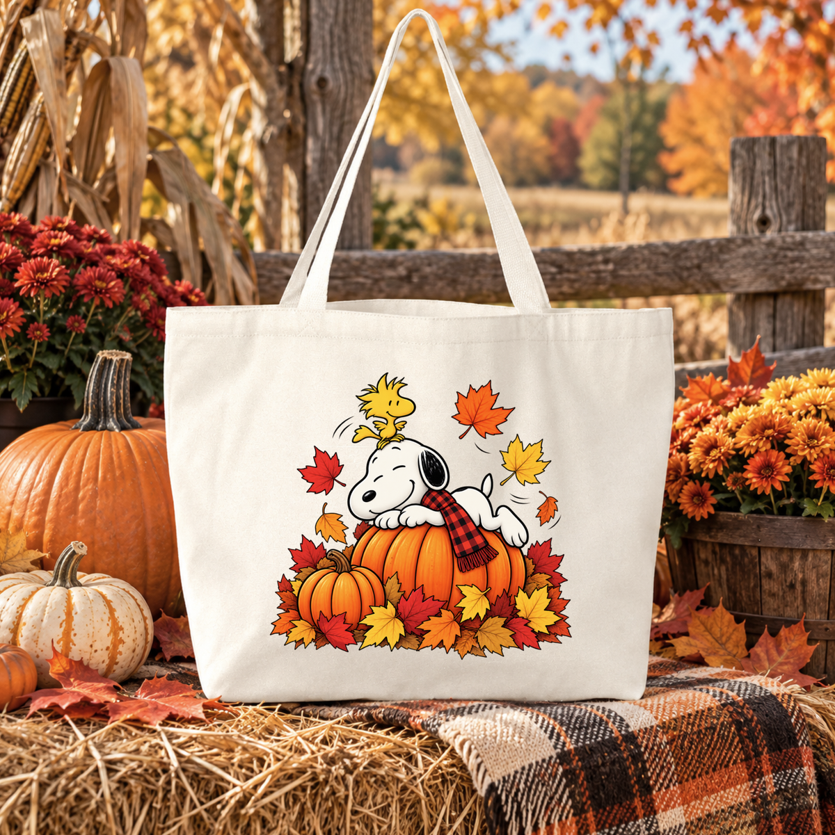 A white canvas tote bag featuring a cartoon illustration of Snoopy and Woodstock on an orange pumpkin surrounded by autumn leaves, displayed in a fall-themed outdoor setting with pumpkins, flowers, and a plaid blanket.