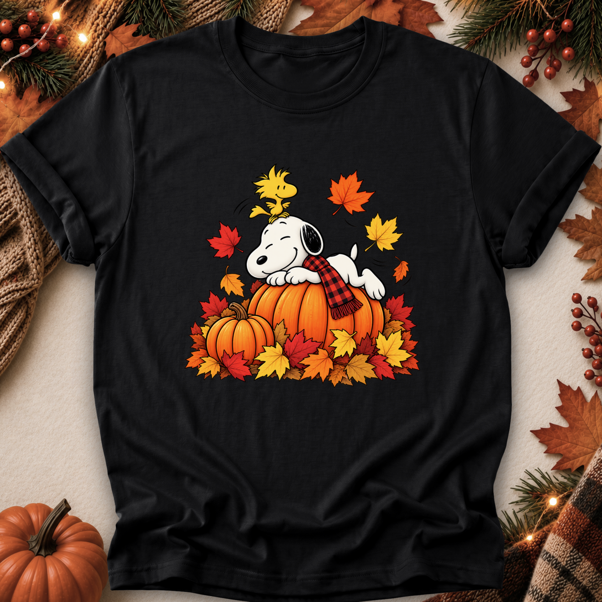 A black short-sleeve graphic T-shirt laid flat with an autumn-themed print of Snoopy resting on a pumpkin surrounded by orange, yellow, and red leaves. The shirt is styled with fall decorations including pumpkins, pine branches, berries, and a plaid scarf.