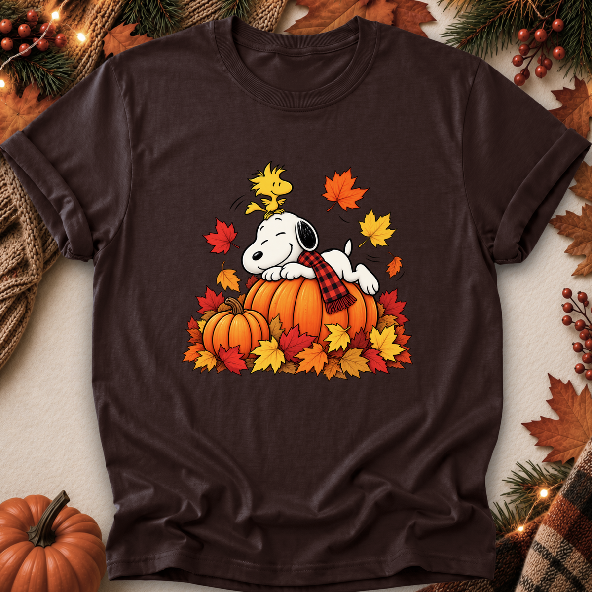 A dark brown short-sleeve t-shirt featuring a graphic of Snoopy resting on a pumpkin surrounded by colorful autumn leaves and pine branches, styled in a flat-lay with seasonal props.