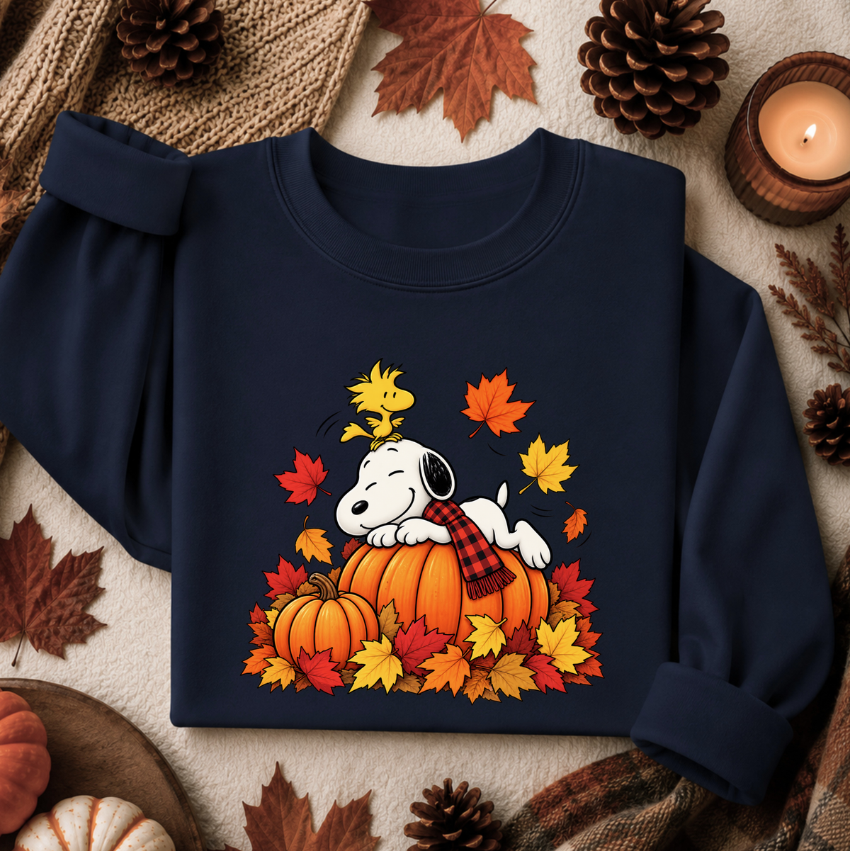 A navy blue crewneck sweatshirt featuring a graphic of Snoopy resting on a pumpkin surrounded by autumn leaves and Woodstock, styled in a cozy flat-lay with fall leaves, pinecones, and a lit candle.