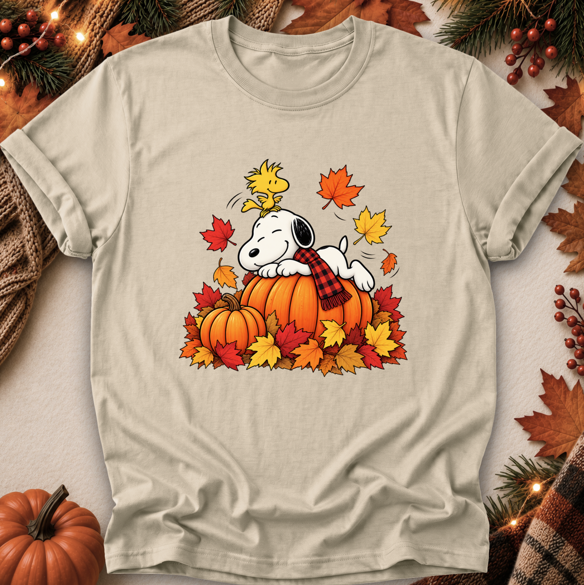 A beige graphic t-shirt featuring Snoopy and Woodstock on a pumpkin surrounded by autumn leaves, styled in a cozy fall flat-lay with pumpkins, pine branches, and a plaid scarf.