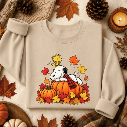 A beige long-sleeve sweatshirt laid flat with a cartoon graphic of Snoopy and Woodstock sitting on pumpkins among autumn leaves. The sweatshirt is styled in a cozy fall flat lay with pinecones, leaves, a candle, and knit fabric around it.