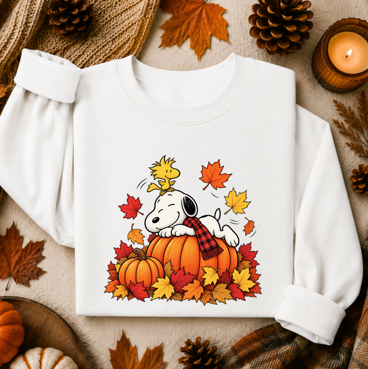 A white long-sleeve sweatshirt laid flat on a neutral fabric background, decorated with autumn leaves, pinecones, a candle, and small pumpkins. The front has a printed graphic of Snoopy resting on a pumpkin pile with fall leaves and a yellow bird character wearing a plaid scarf.