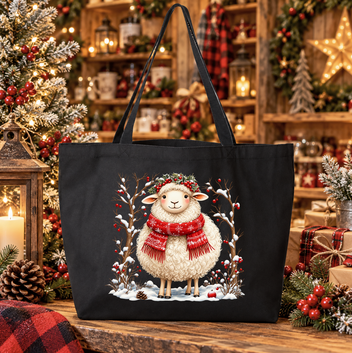 A black canvas tote bag with a festive Christmas design of a white sheep wearing a red scarf and green wreath, displayed on a wooden shelf in a cozy, decorated holiday shop setting.