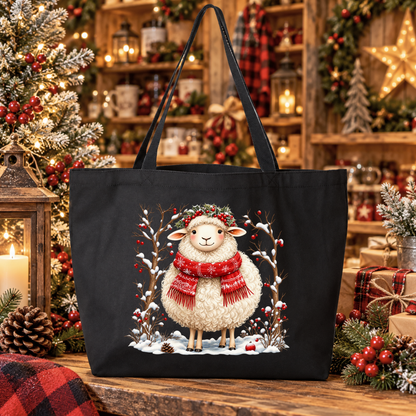 A black canvas tote bag with a festive Christmas design of a white sheep wearing a red scarf and green wreath, displayed on a wooden shelf in a cozy, decorated holiday shop setting.