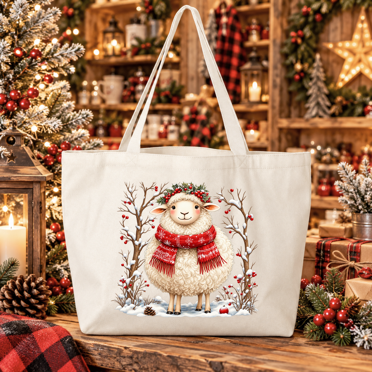 A large off-white canvas tote bag with a festive Christmas illustration of a sheep in a red scarf, displayed on a wooden table in a cozy, decorated holiday room.