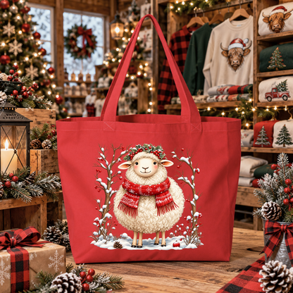 A red canvas tote bag with a festive Christmas design of a white sheep wearing a red scarf and green wreath, displayed on a wooden table in a cozy, decorated holiday shop setting.