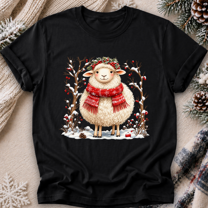 A black short-sleeve crewneck t-shirt featuring a festive Christmas graphic of a fluffy white sheep wearing a red knit scarf and a green holly wreath, surrounded by snow-covered branches with red berries. The t-shirt is displayed in a flat-lay arrangement on a cozy beige knit blanket, flanked by pinecones and evergreen branches.