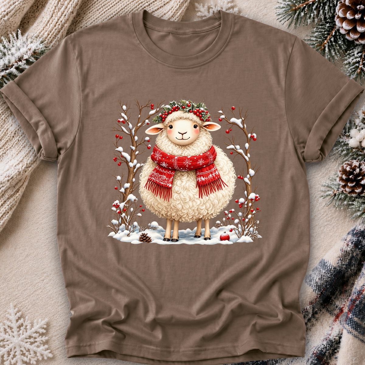 A brown short-sleeve crewneck t-shirt featuring a festive graphic of a fluffy white sheep wearing a red snow scarf and green holly wreath, surrounded by snow-dusted branches with red berries. The t-shirt is displayed in a cozy flat-lay setting with a cream knit sweater, pinecones, and a plaid scarf.