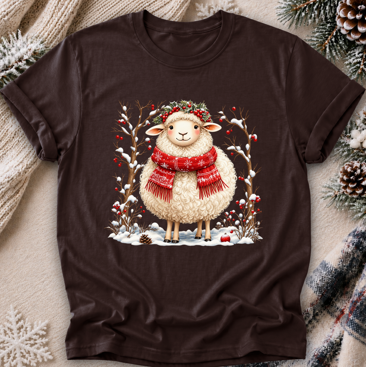 A dark brown short-sleeve t-shirt featuring a festive graphic of a fluffy white sheep wearing a red knit scarf and a green holly wreath, standing in the snow. The t-shirt is styled in a cozy flat-lay setting with a cream knit sweater, pinecones, and evergreen branches.
