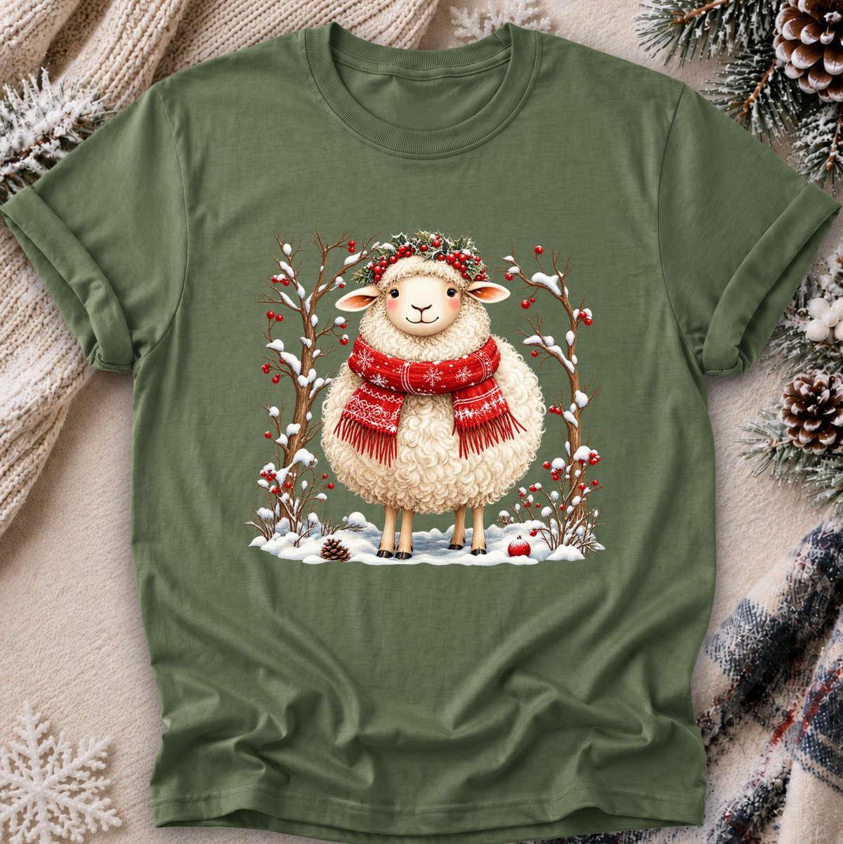 An olive green short-sleeve t-shirt with a festive Christmas graphic of a sheep in a red scarf and winter hat, surrounded by snow and berries. The t-shirt is displayed in a flat-lay arrangement with cozy props like a knitted sweater, pinecones, and a plaid scarf.