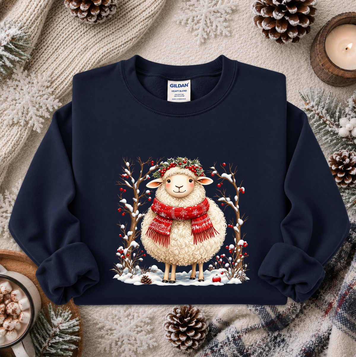 A navy blue crewneck sweatshirt featuring a festive graphic of a cute cream-colored sheep wearing a red fringed scarf and a green wreath, surrounded by snow, berries, and branches. The sweatshirt is presented in a styled flat-lay arrangement with a cozy knit blanket, pinecones, and a lit candle.