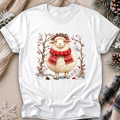 A white short-sleeve crewneck t-shirt featuring a festive graphic of a fluffy cream-colored sheep wearing a red knit scarf and a green wreath, surrounded by winter trees with red berries. The t-shirt is displayed in a flat-lay setting with cozy props like a beige knit sweater, pinecones, and a plaid scarf.
