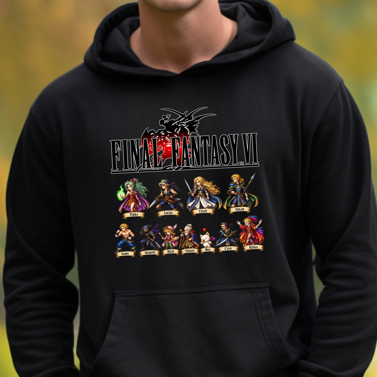 A person wearing a black hoodie with a large Final Fantasy VII graphic on the chest, featuring the game title and character illustrations, against a blurred outdoor background.
