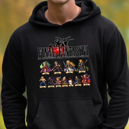 A person wearing a black hoodie with a large Final Fantasy VII graphic on the chest, featuring the game title and character illustrations, against a blurred outdoor background.