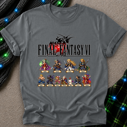 A gray short-sleeve t-shirt featuring a 'Final Fantasy VI' graphic print with character illustrations, laid flat on a textured beige surface with decorative black cords and blue fairy lights.