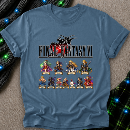 A blue short-sleeve graphic T-shirt laid flat on a textured beige surface with decorative black cords and blue fairy lights. The shirt features a large 'FINAL FANTASY VI' print with character illustrations across the front.