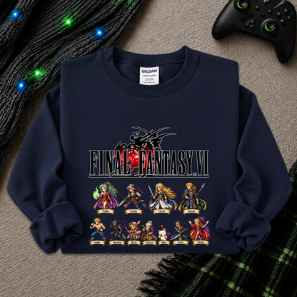 A navy blue Gildan sweatshirt featuring a Final Fantasy VI graphic print, laid flat on a gray textured surface with a black game controller and knitted cables in the background.