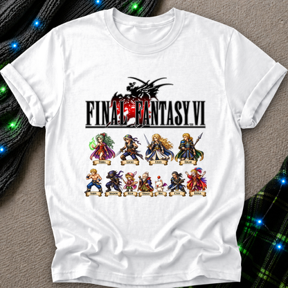 A white short-sleeve t-shirt featuring a graphic print of the Final Fantasy VI logo and character illustrations, laid flat on a textured gray surface with decorative green and black plaid fabric and blue string lights in the background.