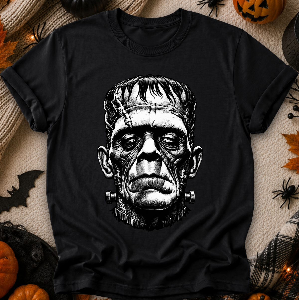 A black short-sleeve crewneck t-shirt featuring a detailed black and white graphic of the character Frankenstein's monster on the front. The shirt is displayed in a flat-lay arrangement with Halloween decorations, including pumpkins, spiderwebs, and a black blanket.