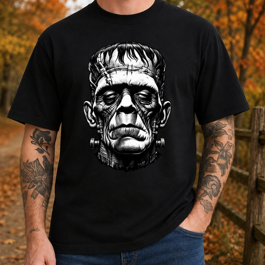 A man wearing a black short-sleeve t-shirt with a detailed black and white graphic of Frankenstein's monster head on the front, set against an autumn outdoor background.