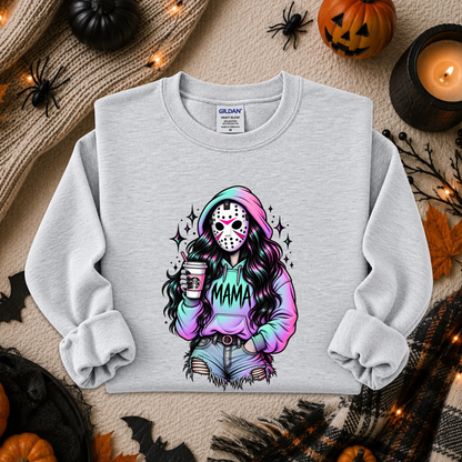 A light gray crewneck sweatshirt with a colorful graphic of a woman in a hockey mask holding a coffee cup and wearing a hoodie that says 'MAMA'. The sweatshirt is displayed in a flat-lay Halloween setting with pumpkins, a candle, and spider decorations.