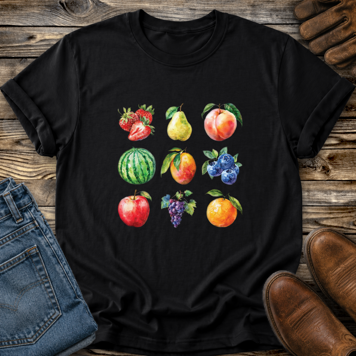 A black short-sleeve crewneck t-shirt with a colorful watercolor-style graphic of various fruits (strawberries, pear, peach, watermelon, blueberries, apple, grapes, orange) arranged in a grid. The shirt is styled in a flat-lay on a rustic wooden surface, surrounded by blue jeans, brown leather shoes, and leather gloves.
