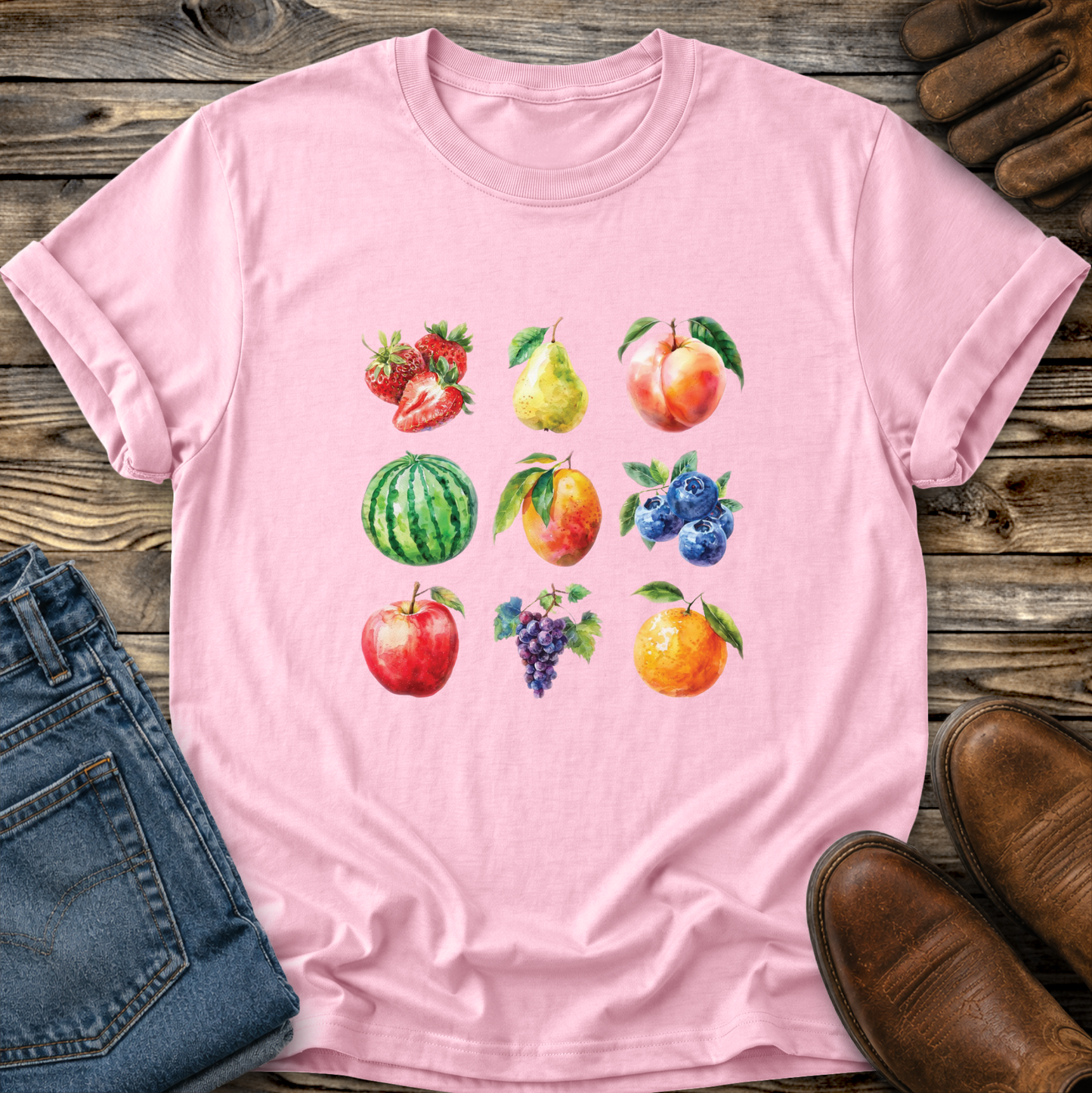 A light pink short-sleeve t-shirt with a colorful watercolor print of various fruits (strawberries, pear, peach, watermelon, blueberries, apple, grapes, and orange) laid flat on a rustic wooden surface, styled with blue jeans, brown leather shoes, and leather gloves.