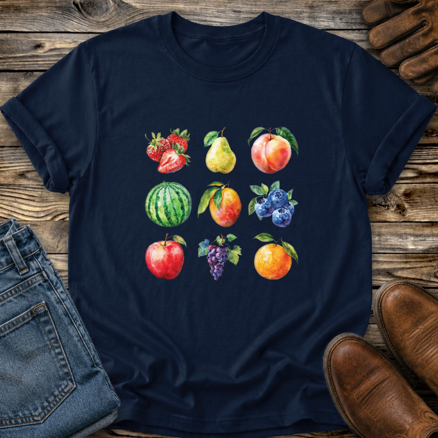 A navy blue short-sleeve t-shirt with a colorful watercolor print of various fruits (strawberries, pear, peach, watermelon, blueberries, apple, grapes, and orange) arranged on a rustic wooden surface with jeans, brown leather shoes, and leather gloves as props.
