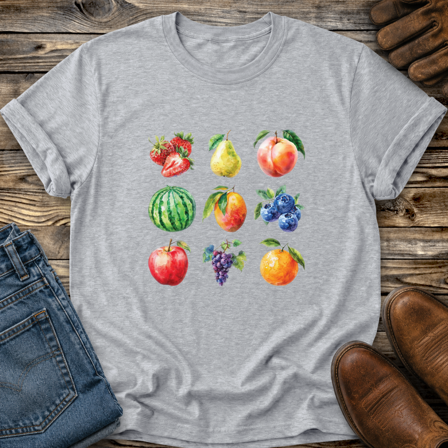 A heather gray short-sleeve t-shirt with a colorful watercolor print of various fruits (strawberries, pear, peach, watermelon, blueberries, apple, grapes, and orange) laid flat on a rustic wooden surface, styled with blue jeans, brown leather shoes, and leather gloves.