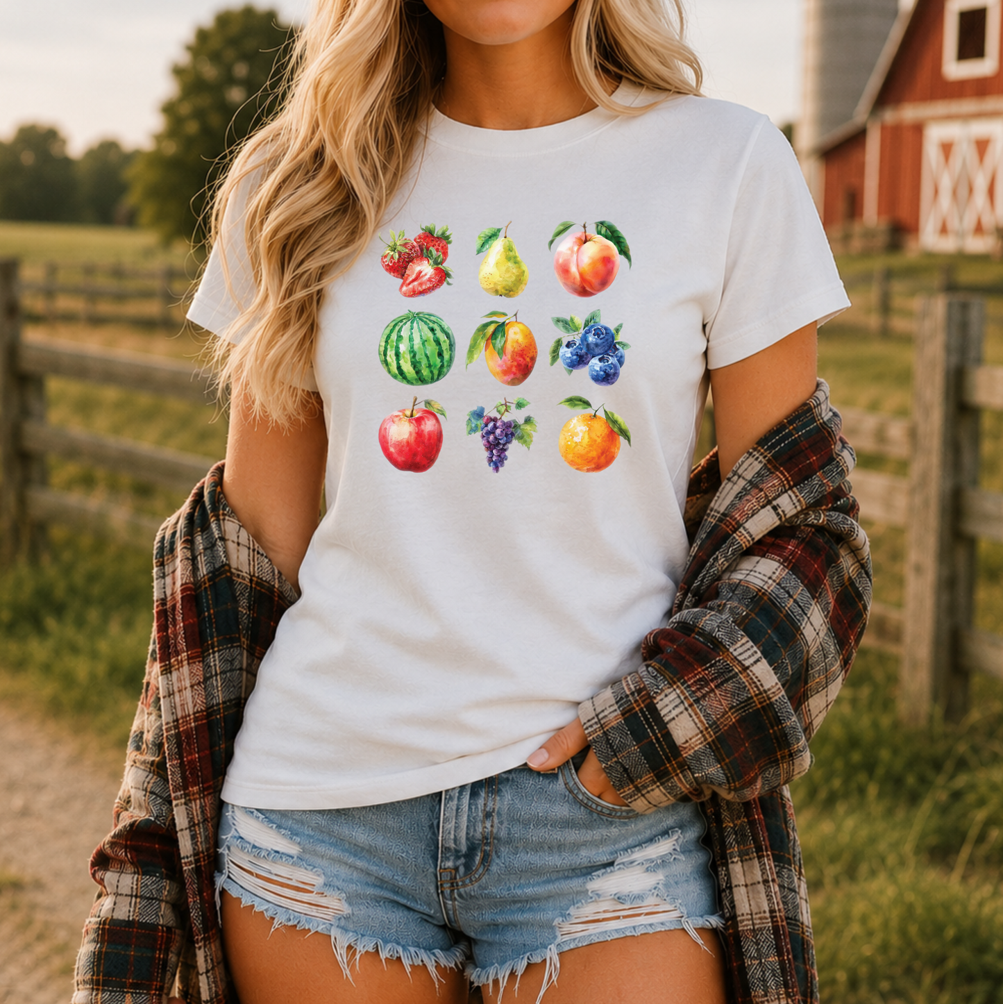 A woman wearing a white crewneck t-shirt with a colorful watercolor fruit print on the front, styled with a cream knit cardigan featuring strawberry motifs and denim shorts.
