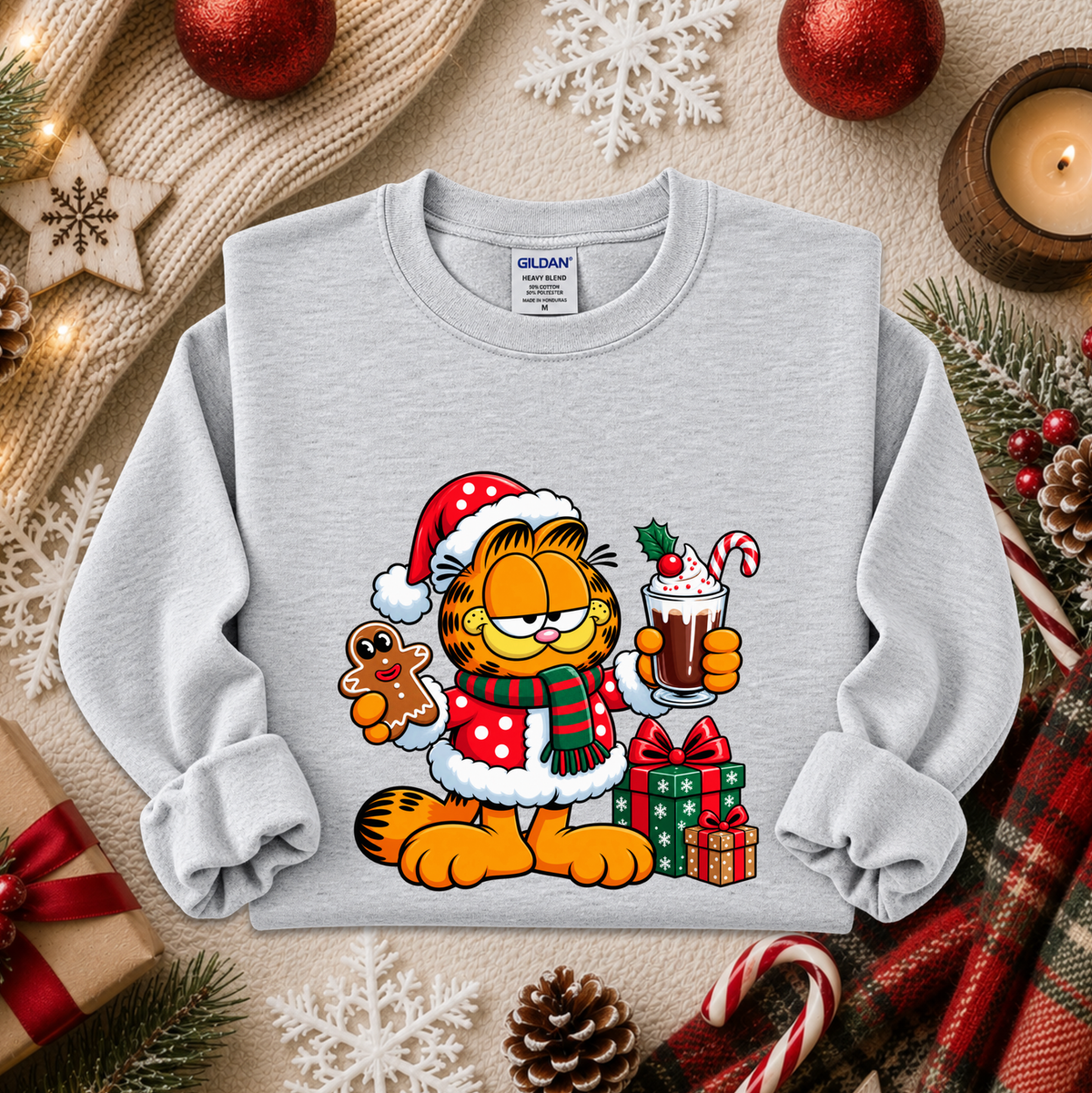 gray sweatshirt with a christmas themed graphic of garfield in a santa costume with presents and food