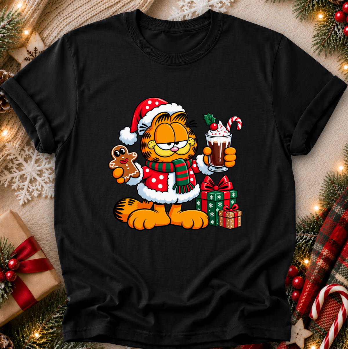 black tshirt with a christmas themed graphic of garfield in a santa costume with presents and food