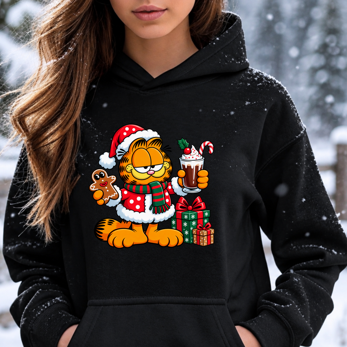 black sweatshirt with a christmas themed graphic of garfield in a santa costume with presents and food