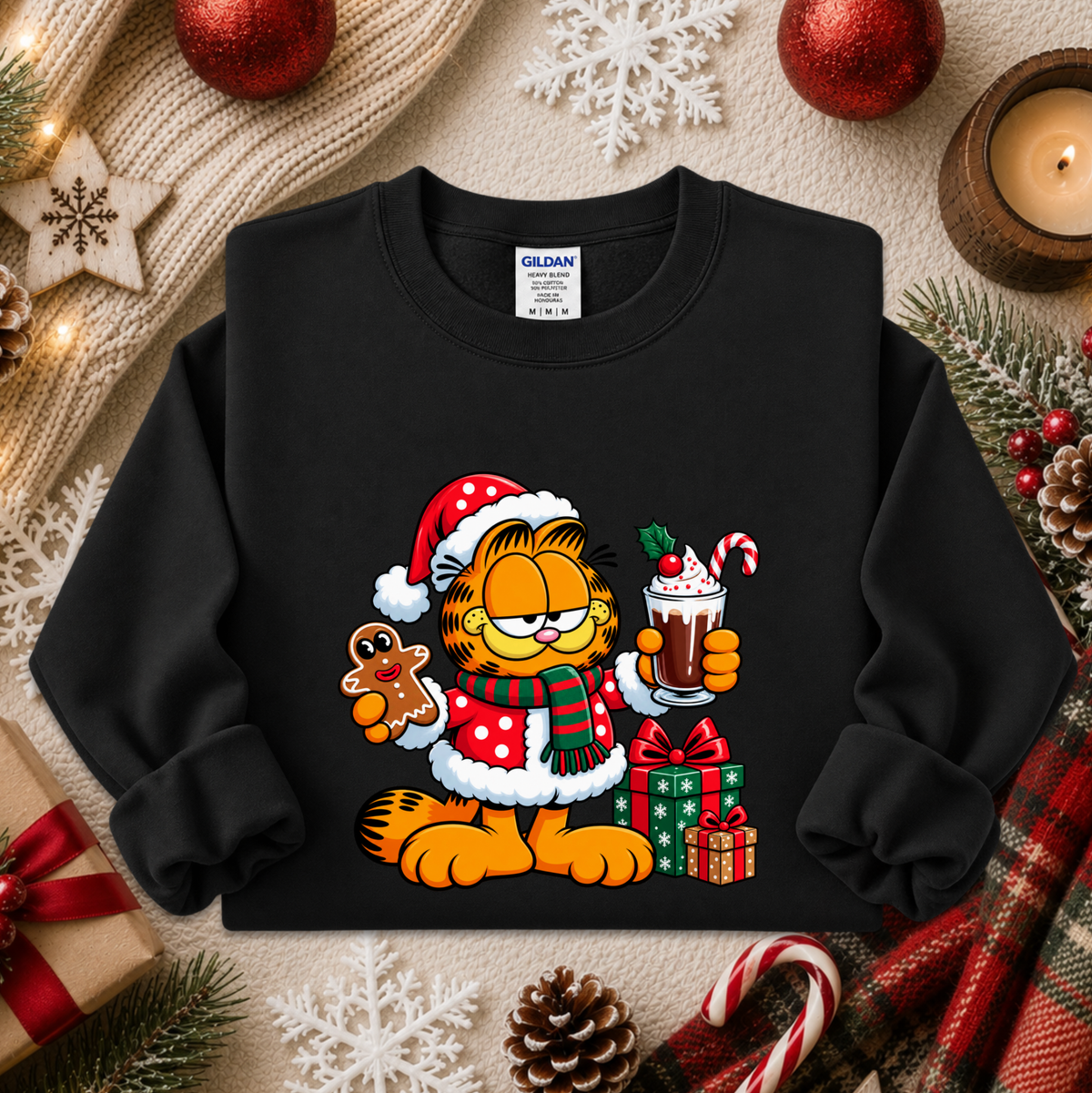 black sweatshirt with a christmas themed graphic of garfield in a santa costume with presents and food