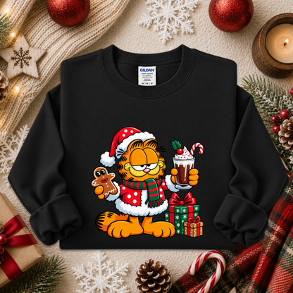 black sweatshirt with a christmas themed graphic of garfield in a santa costume with presents and food